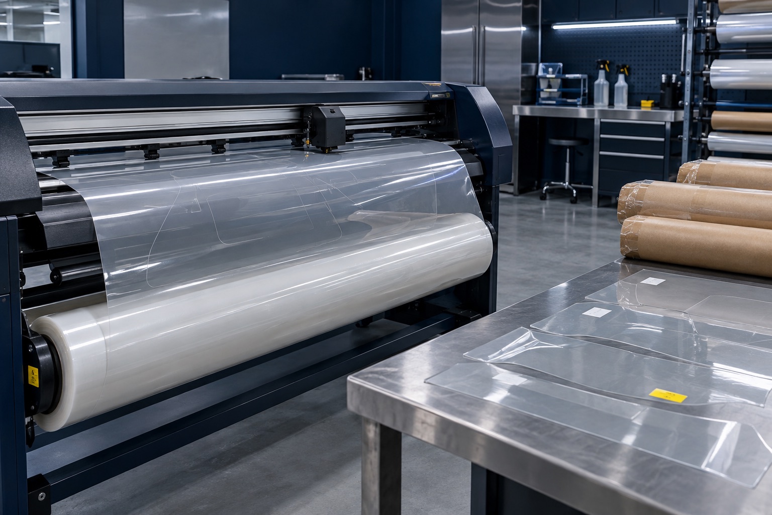 Wide-format plotter cutting clear paint protection film from a 60-inch roll, with labeled precut panels on a steel bench