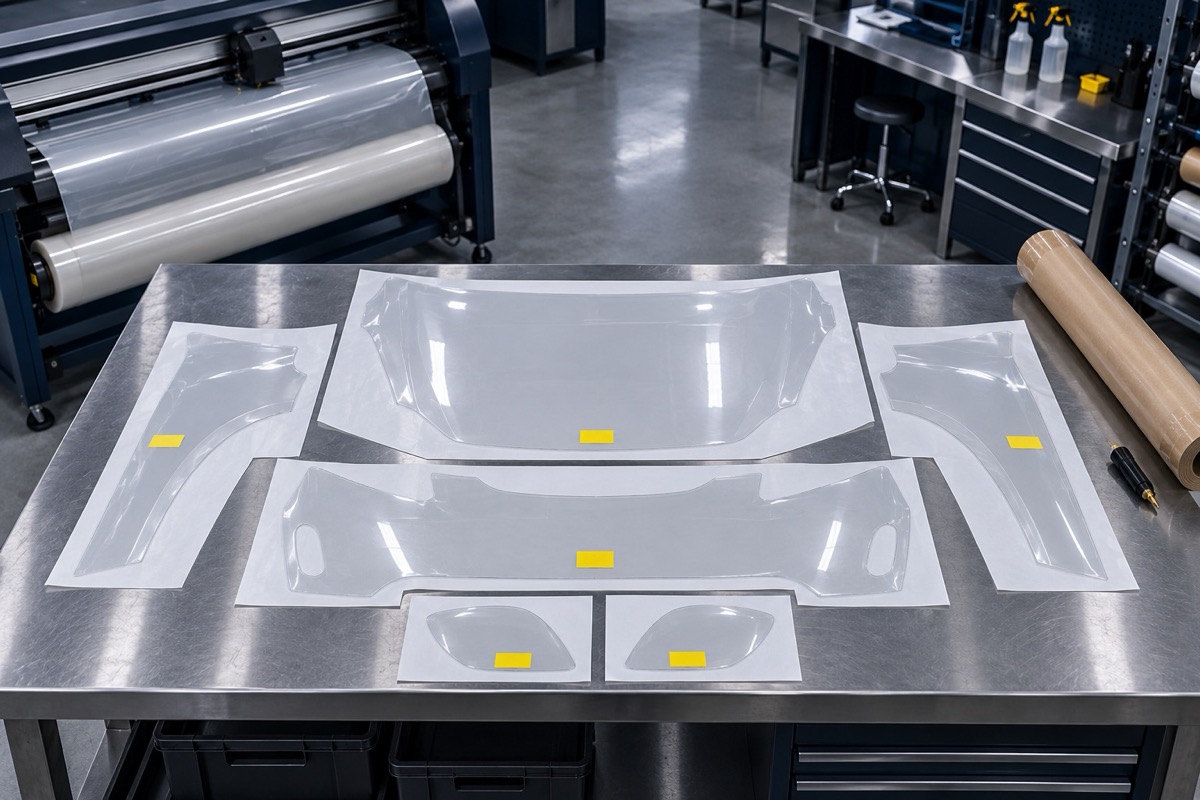Precut PPF kit laid out on a steel bench: hood, bumper, fender and mirror panels on backing paper with yellow labels